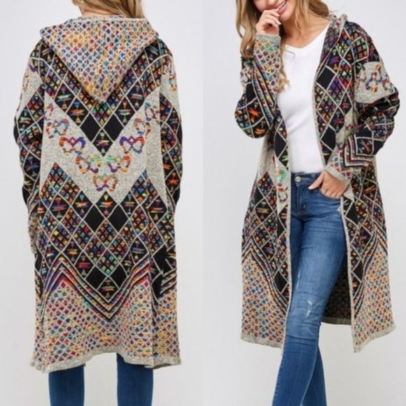 Santa Fe Style! Sweaters - Aztec Cream Brown Print Hooded Cardigan S